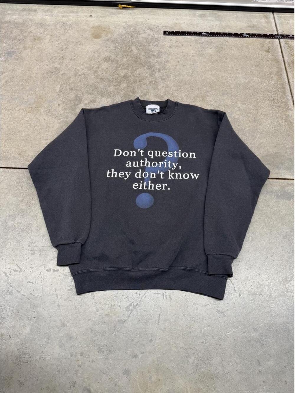 vintage dont question authority faded black joke humor crewneck size medium